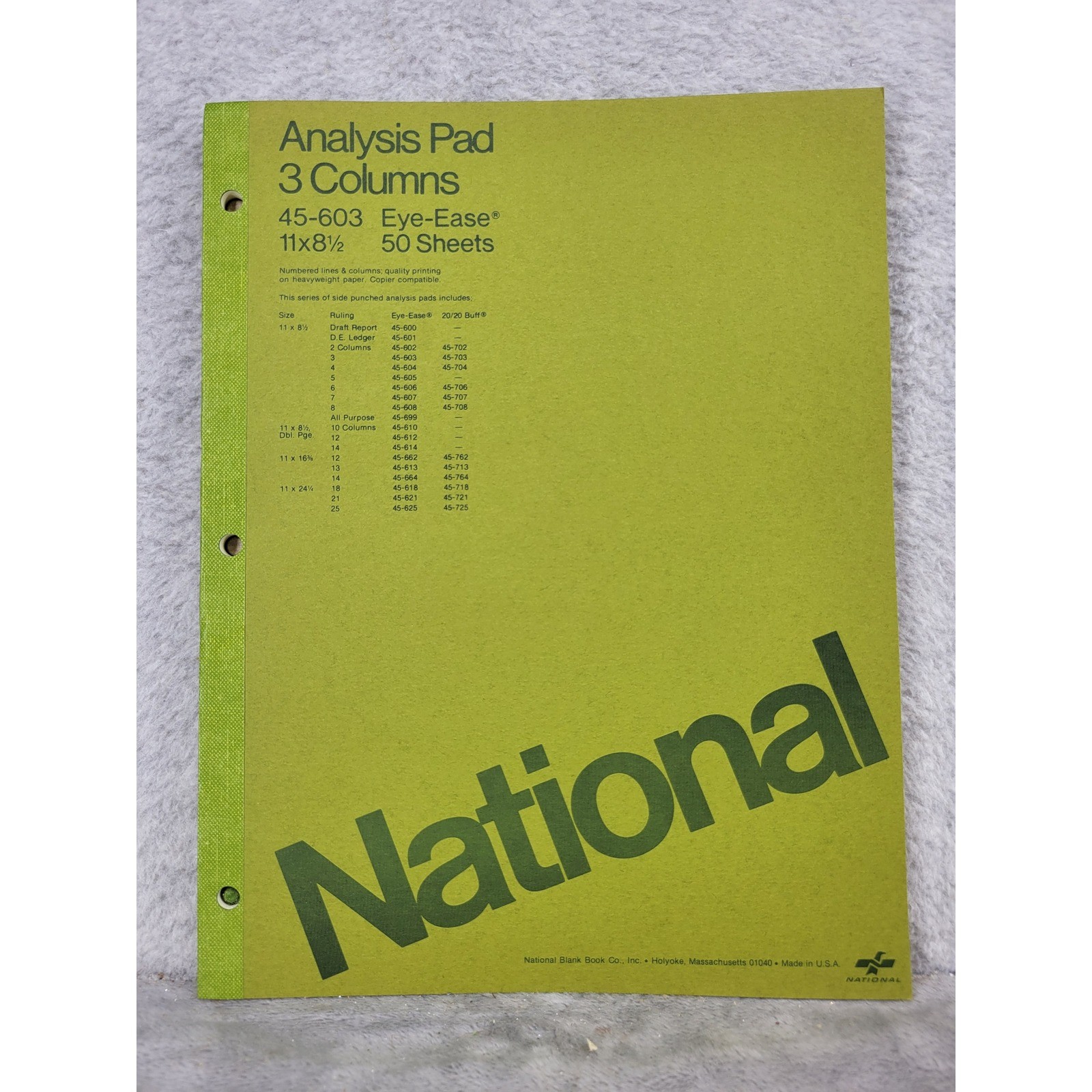 National 45-603 Analysis Pad 3 Columns Eye-Ease Green 11×8.5 50 Sheet Made in US