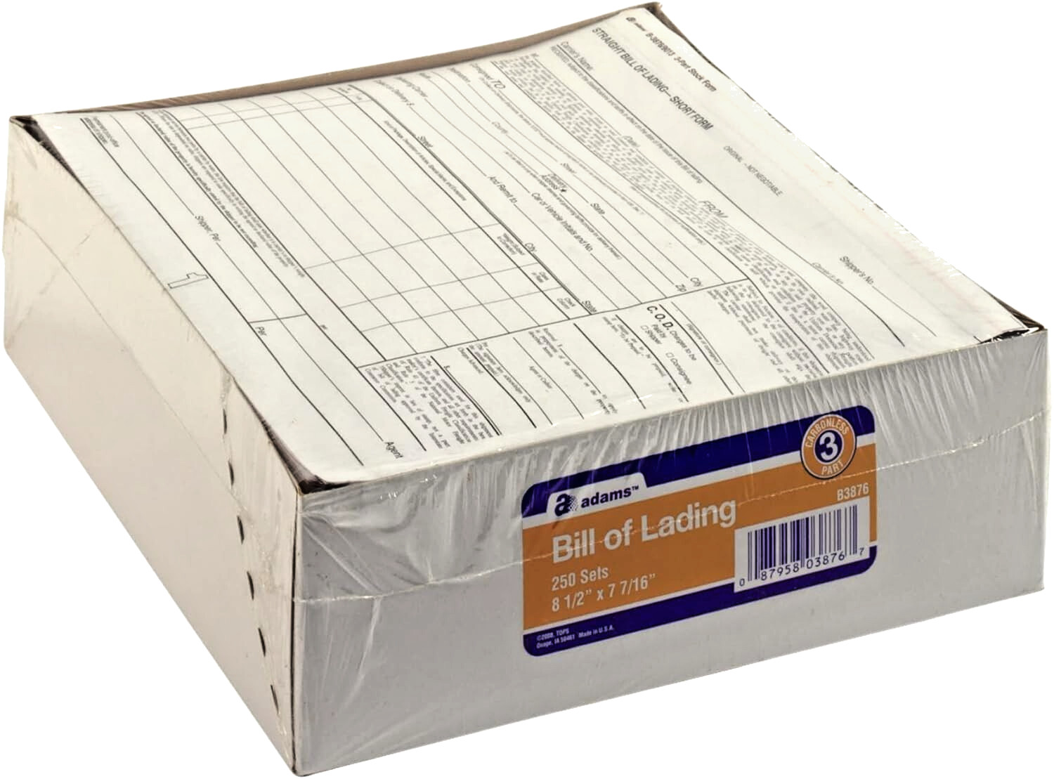 Adams Bill of Lading Short Form 8-1/2 x 7-7/16 Inches White 3-Part 250 Count