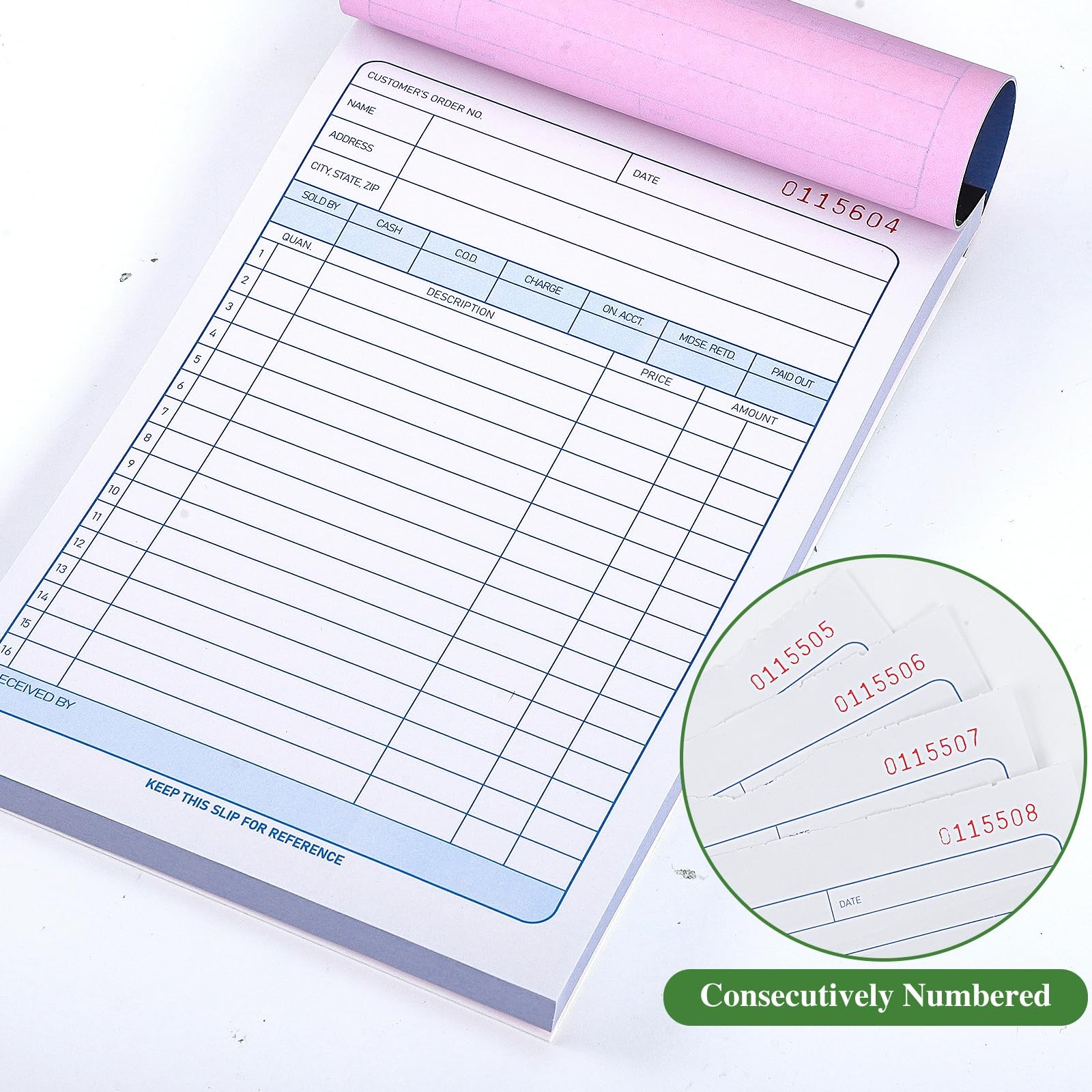 Sales Order Book 3-Part Carbonless 50 Sets White Yellow Pink Receipt 5.56×8.44in