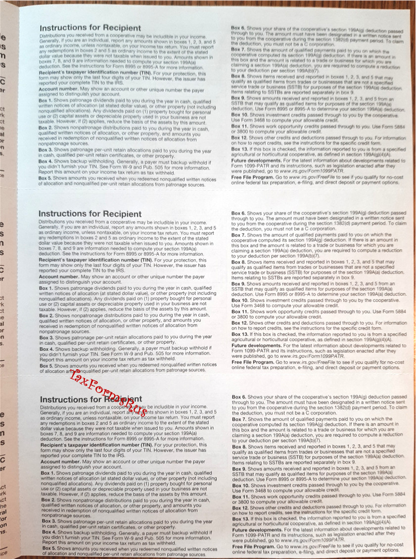 2024 IRS Tax Form 1099-PATR single sheet set 3 recipients, NONCarbonless 3pt 3UP