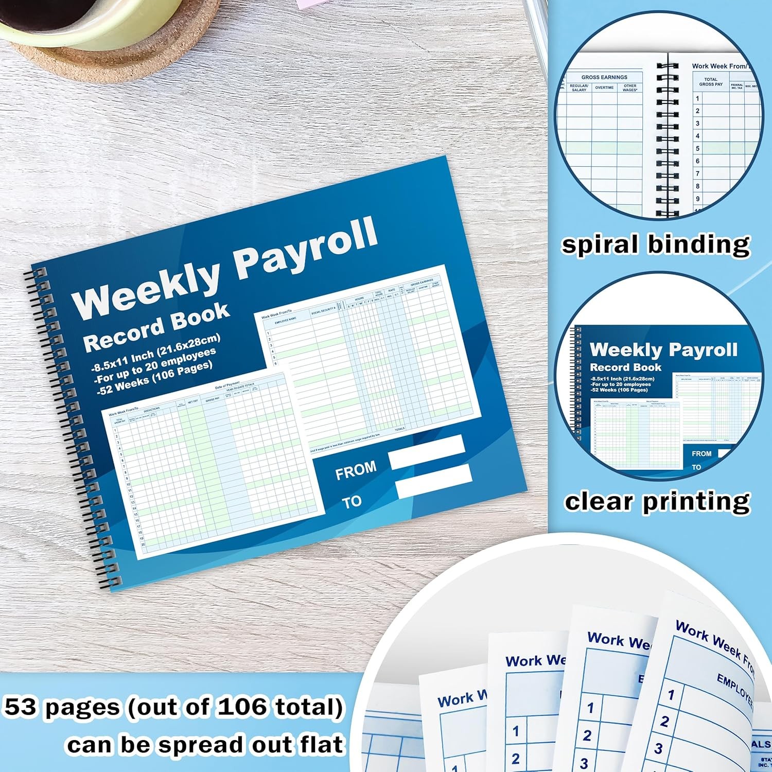 1 Pcs Weekly Payroll Record Book 8.5×11 Inch Spiral Binder 52 Weeks 106 Pages Em