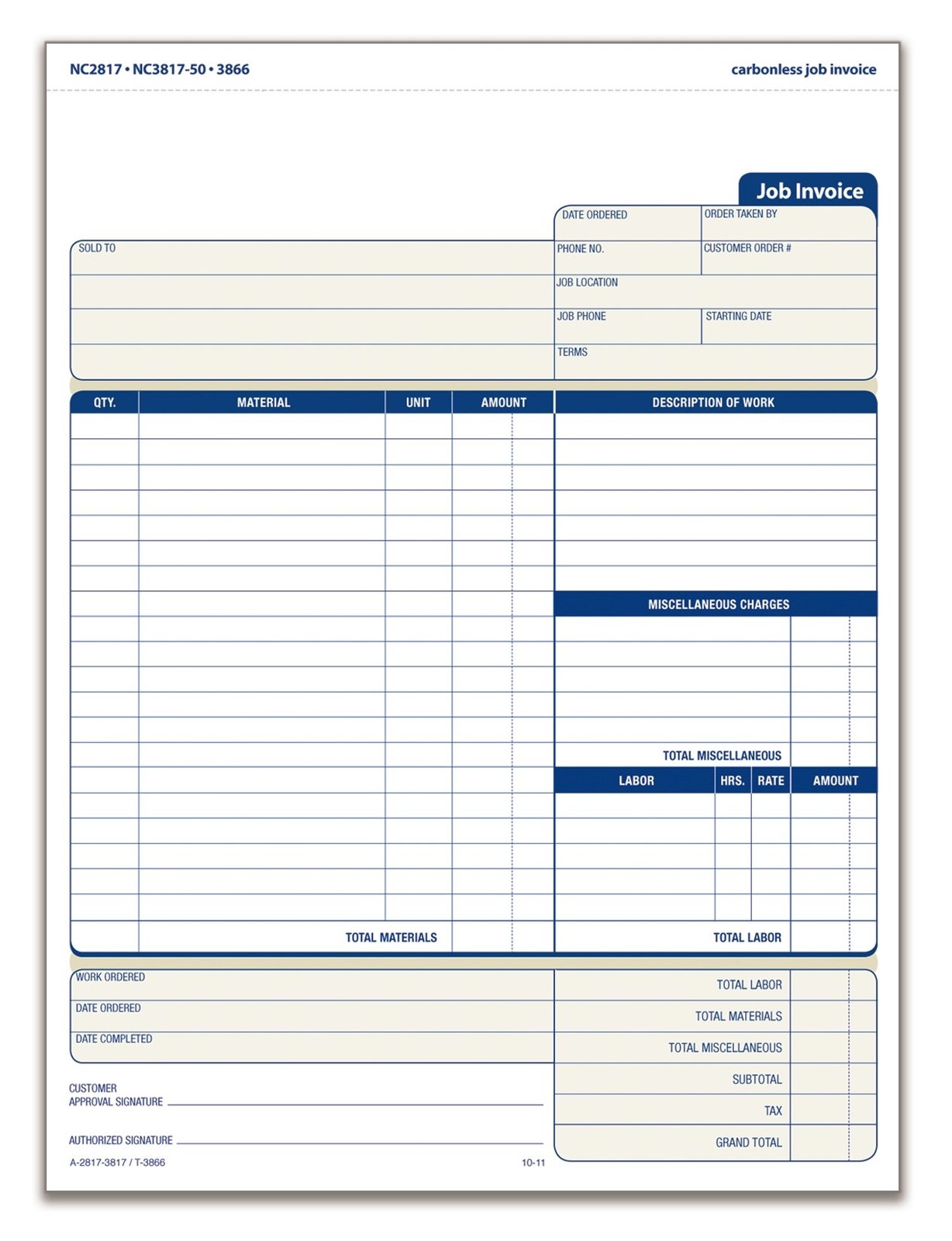 Adams Job Invoice Forms, 2-Part Carbonless, For Service and Repair Billing, 100