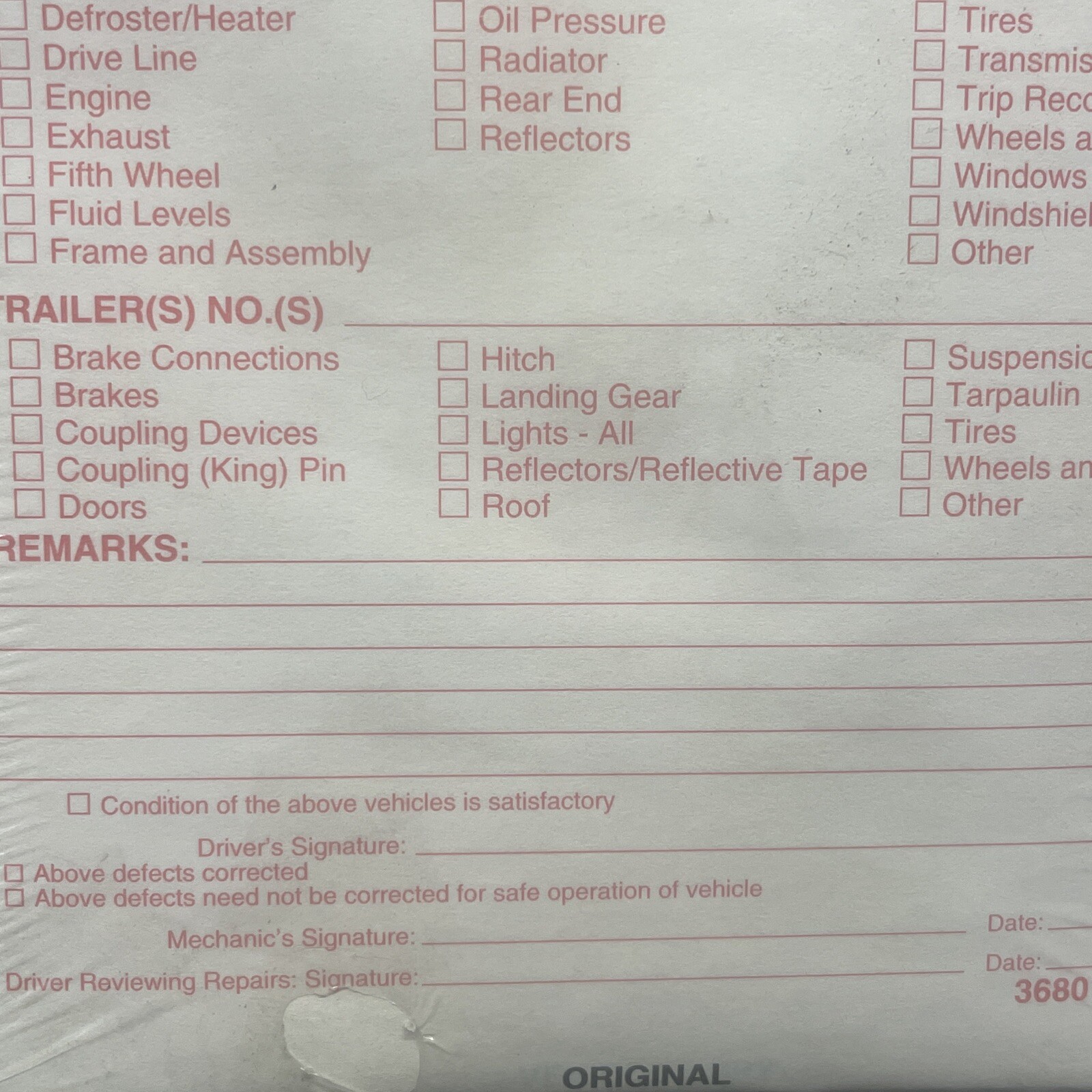 Tractor Truck Driver’s Vehicle Inspection Report 250-pk., 2-Ply Carbonless
