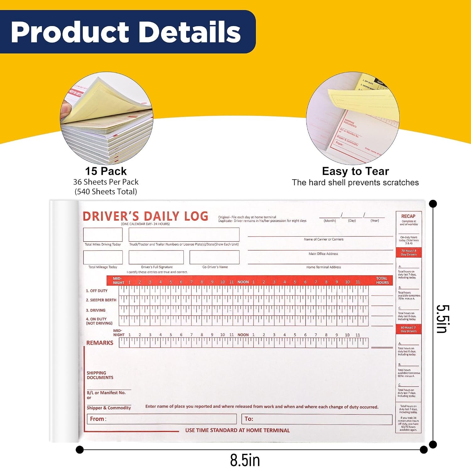 10 Pack Driver’s Daily Log Book Truck Drivers 7 & 8 Day Recap 2-Ply Carbonless