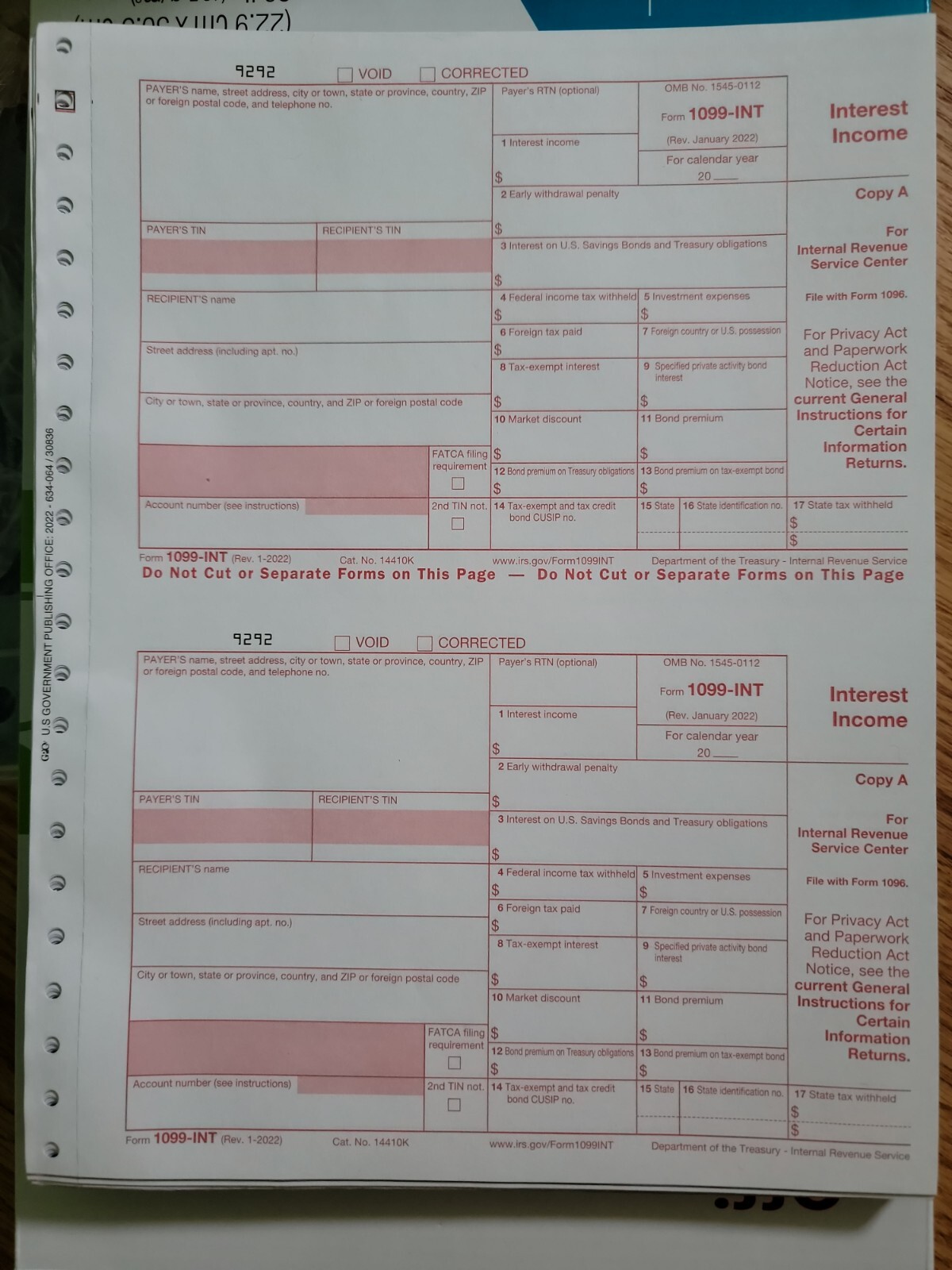 2025 IRS Tax Form 1099-INT single sheet set for 2 recipients carbonless 5-pt 2up