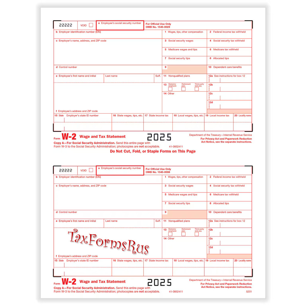 2025 IRS Tax Form W-2 Wage Stmts LASER single sheet set for 2 employees, 6-part