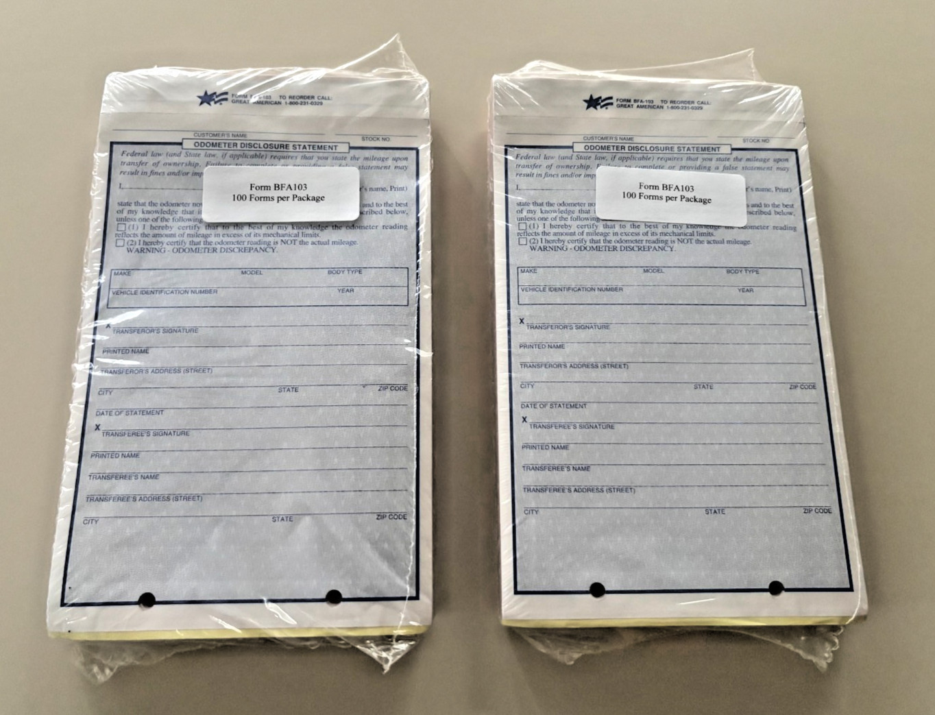 Odometer Disclosure Statement Great American BFA-103 Form 200+ Forms 1 Low Price