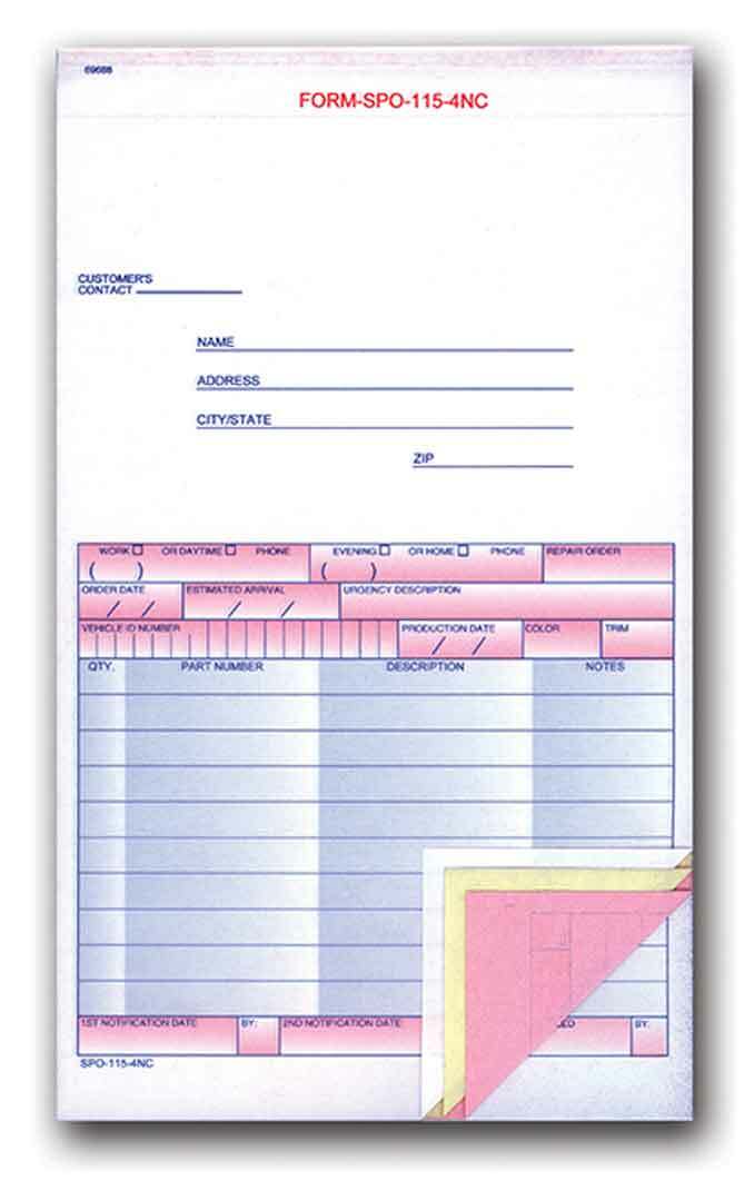 Special Parts Order Form (4-part carbonless) (Form #SPO-115-4NC) (100 per pack)
