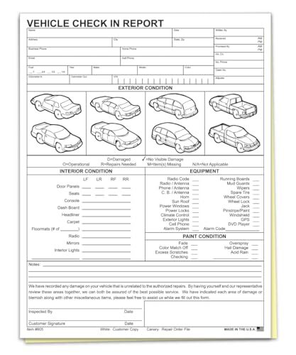 2-Part Carbonless Vehicle Check In Report Forms, 8-1/2″ x 11″, 100 Sheets/Pack