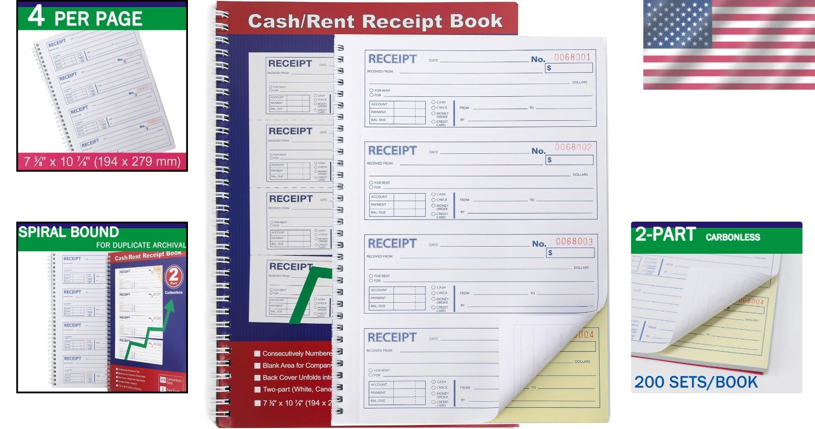 Comprehensive Rent Receipt Book with Spiral Binding – 200 Sets, 4 Receipts/page