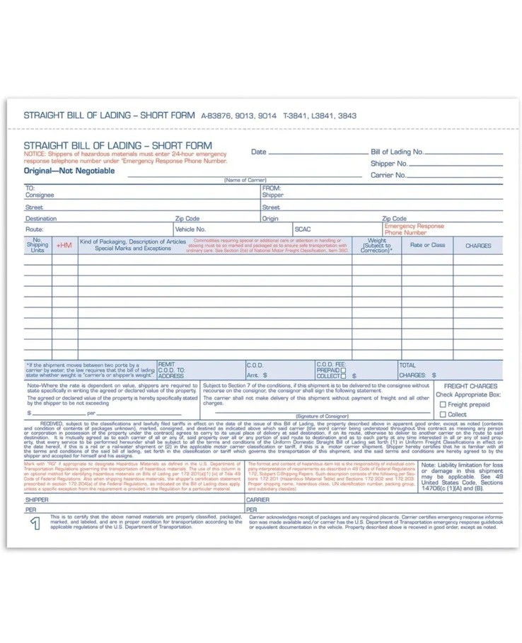 Adams Bill of Lading Short Form, 8.5 X 7.5 Inches, 3part, 81/2W x 7L, White