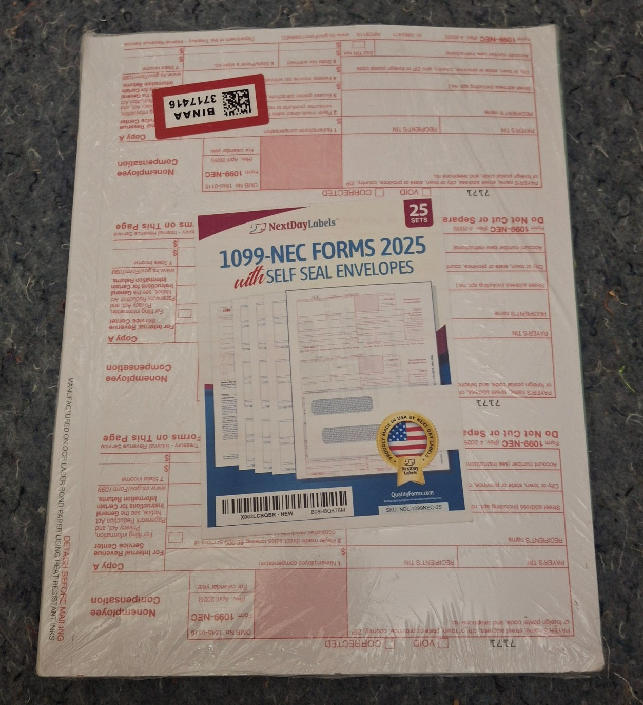 NextDayLabels 1099-NEC Forms 2025 with Envelopes 25 Sets 3-Pack 75 Total Lot