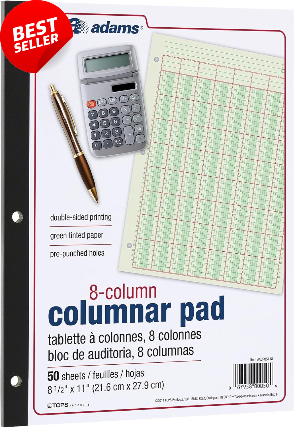 Columnar Analysis Pad 8 Column Ledger 8.5″ X 11″ 100 Pages Green 3 Hole Punch