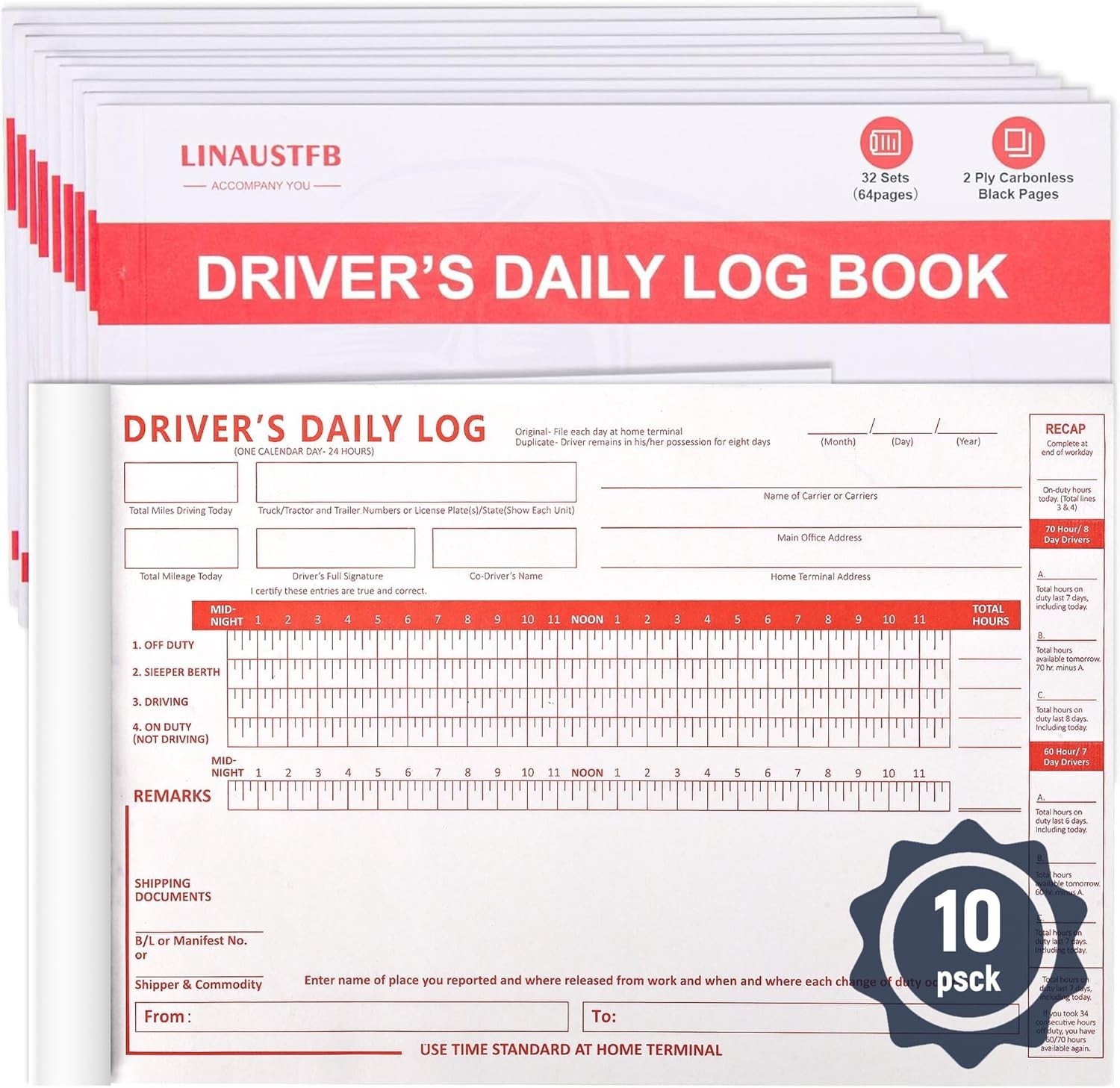 10 Pack Daily Log Books for Truck Drivers with 7 & 8 Day Recap Driver Log Book