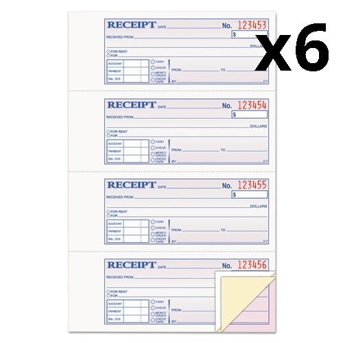 Receipt Book, 7 5/8 x 11, Three-Part Carbonless, 100 Forms, Pack of 6
