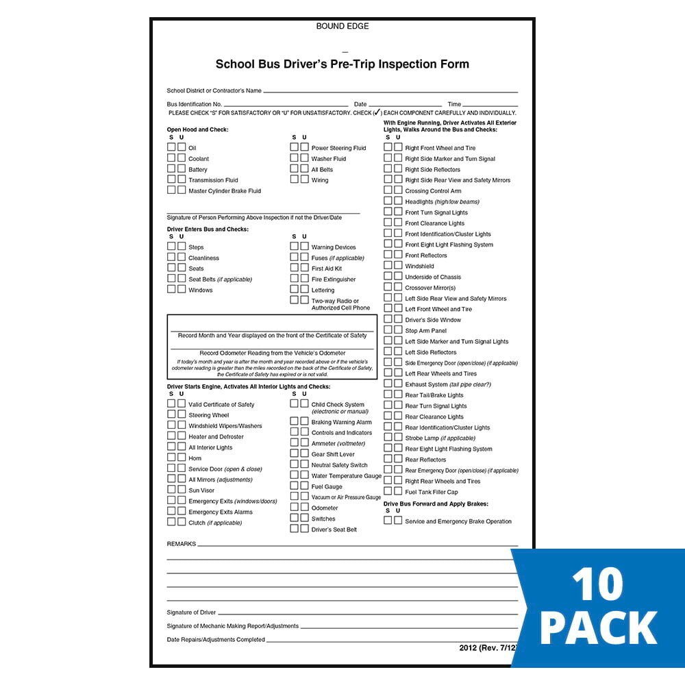 J. J. Keller School Bus Driver’s Pre-Trip Vehicle Inspection Form 10-pk., 2-Ply