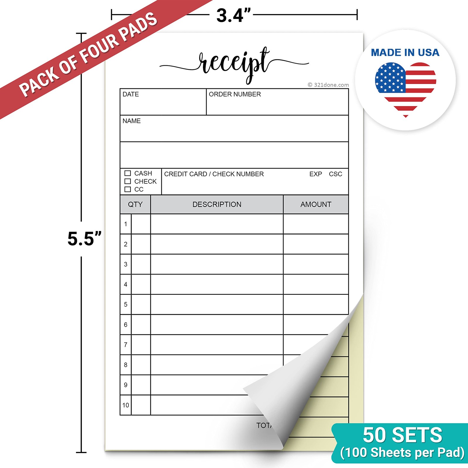 4-Pack 3.4×5.5 Carbonless Receipt Pad, Made in USA, 2-Part Duplicate Copy, Sa…