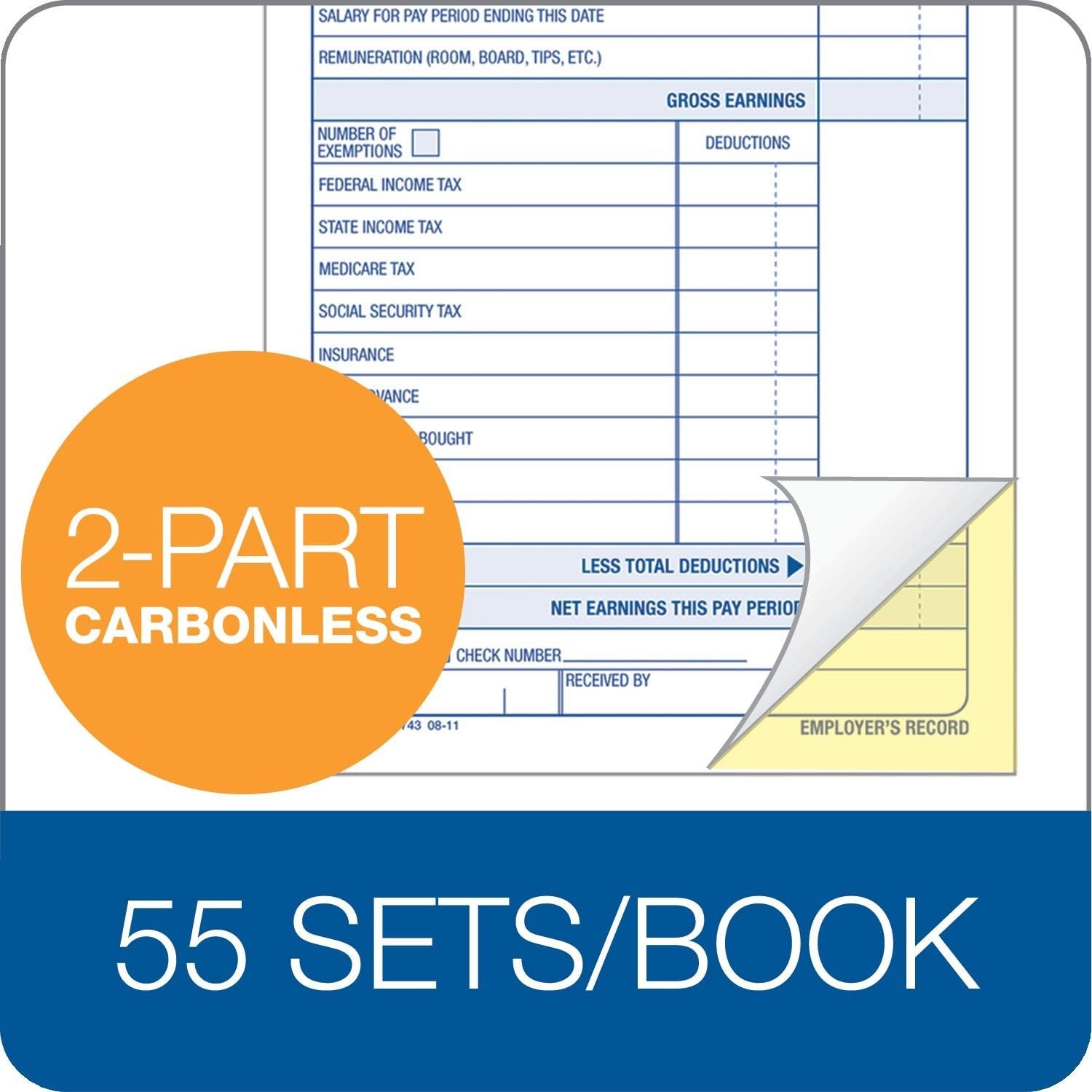 Employee Payroll Record Book, 55 Sets, 2-Part Carbonless, 4.19×7.19 Inches