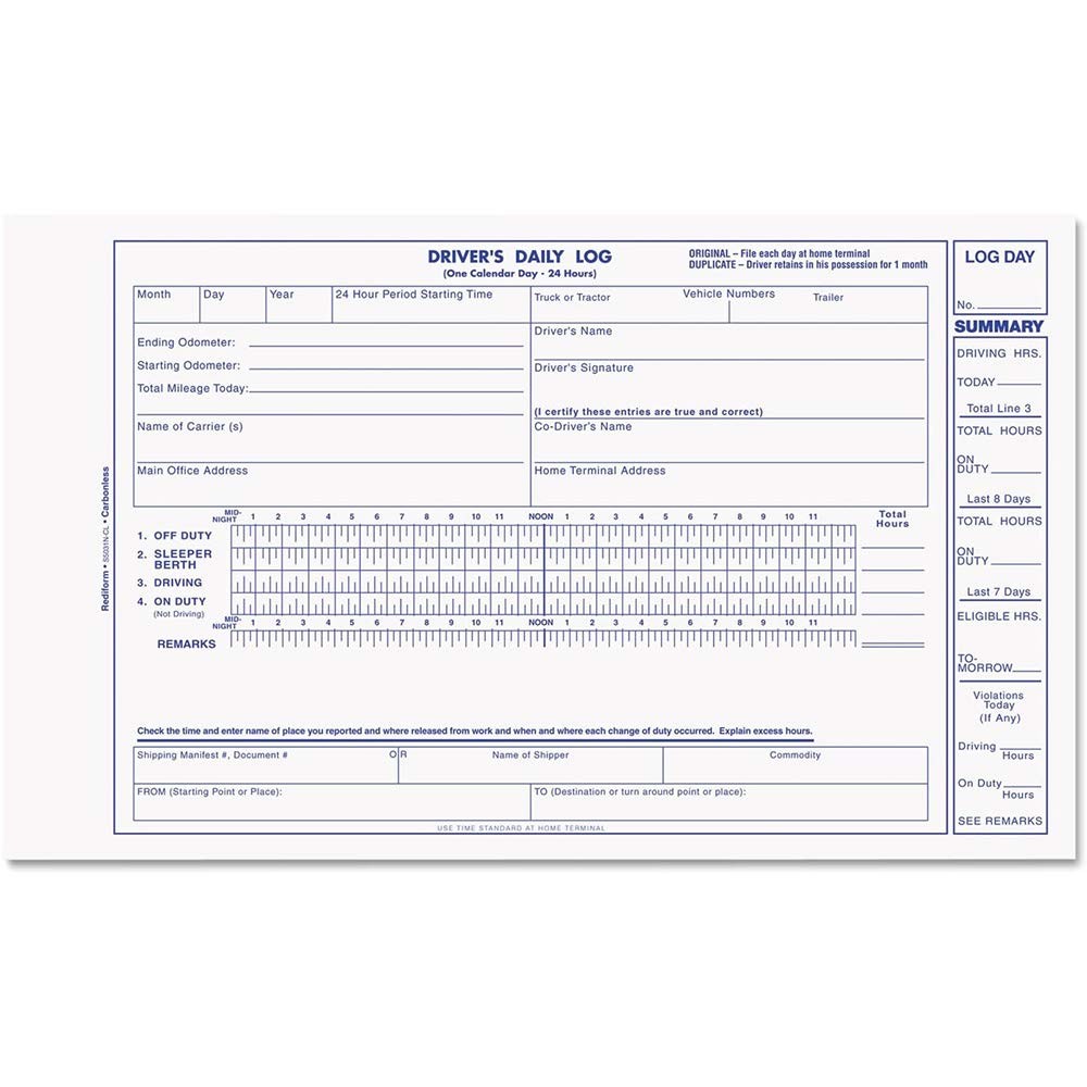 Driver’s Daily Log Book Carbonless Duplicate 31 Sets Blue 8.75 x 5.38 Inches