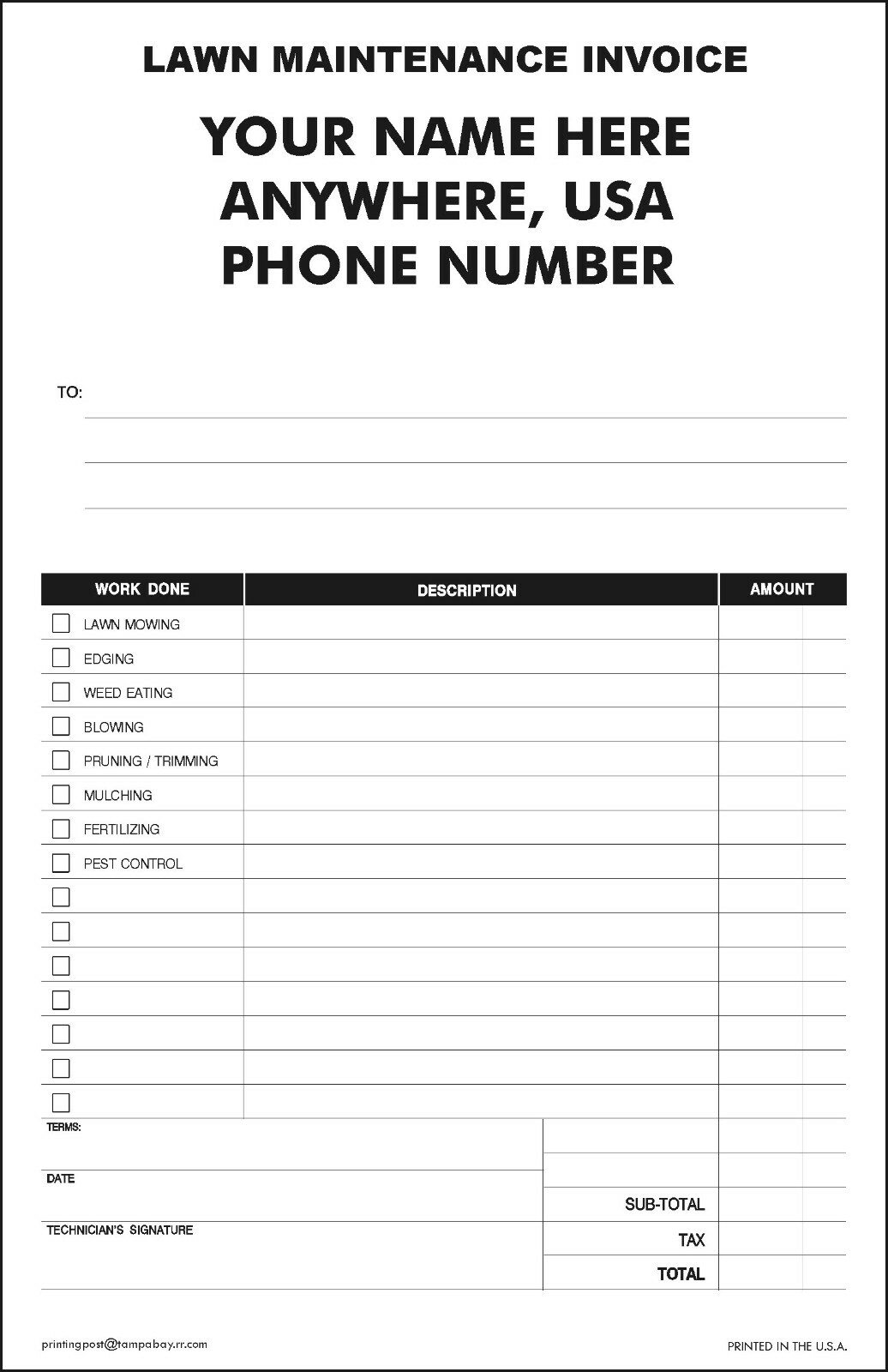 (250) 2-part Carbonless NCR Forms – Landscape Invoices