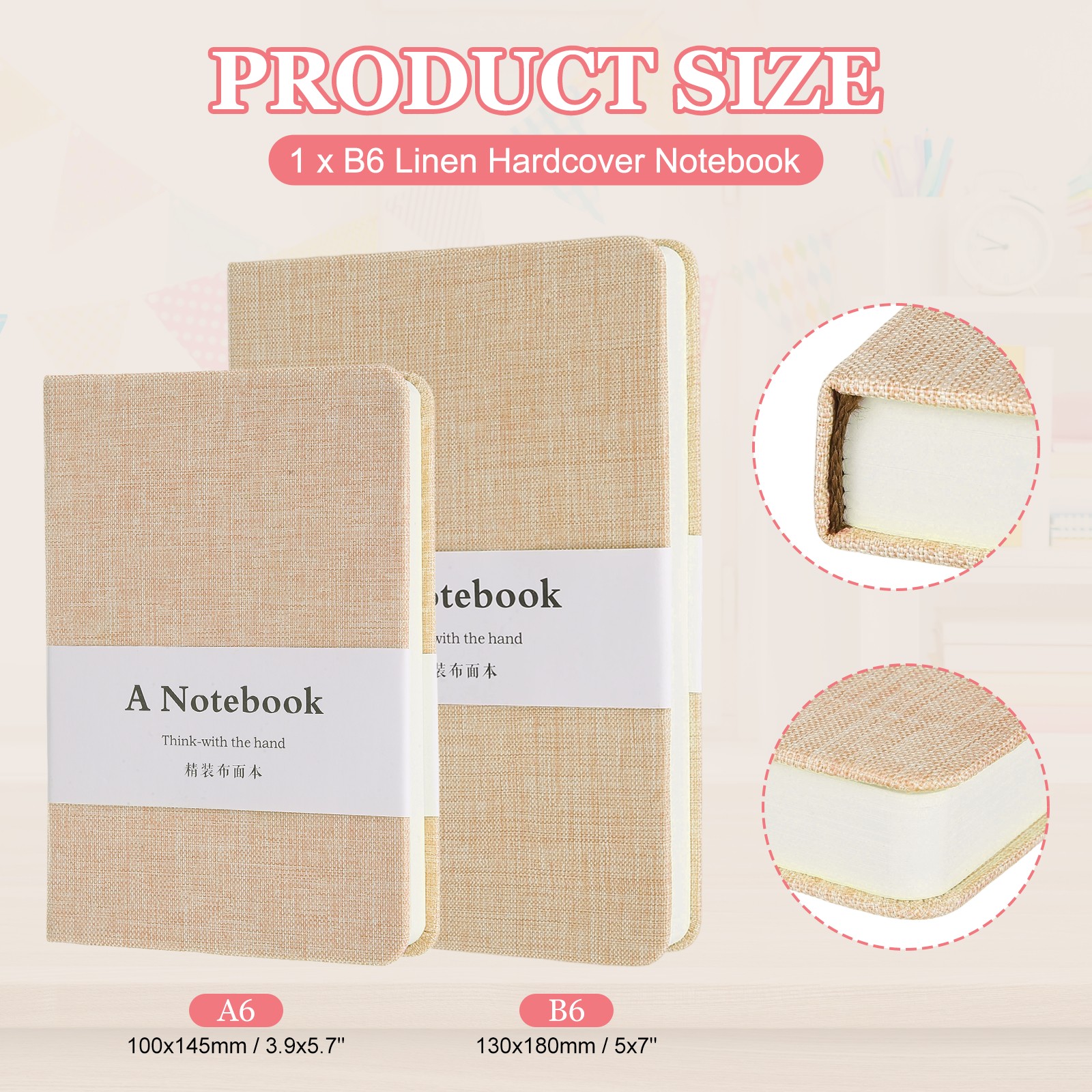 Linen Journal Notebook, 256 Pages 100 Gsm B6（5×7） Hardcover Journals (LightPink)