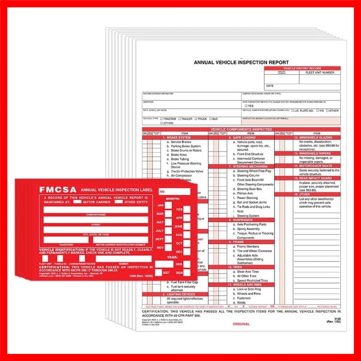 J. J. Keller 10-Pack, Annual Vehicle Inspection Report Form & Red FMCSA Label…