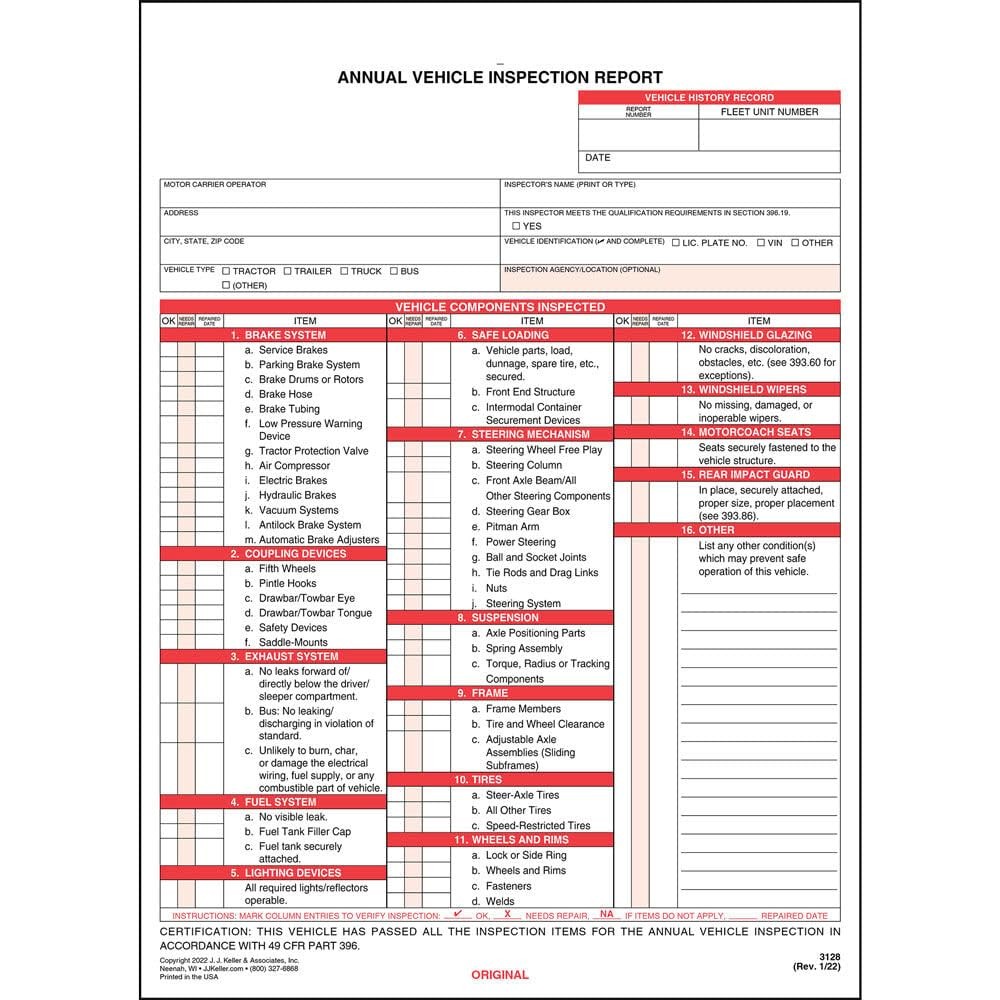 25-Pack Annual Vehicle Inspection Report Form Red FMCSA Label Aluminum 3-Ply