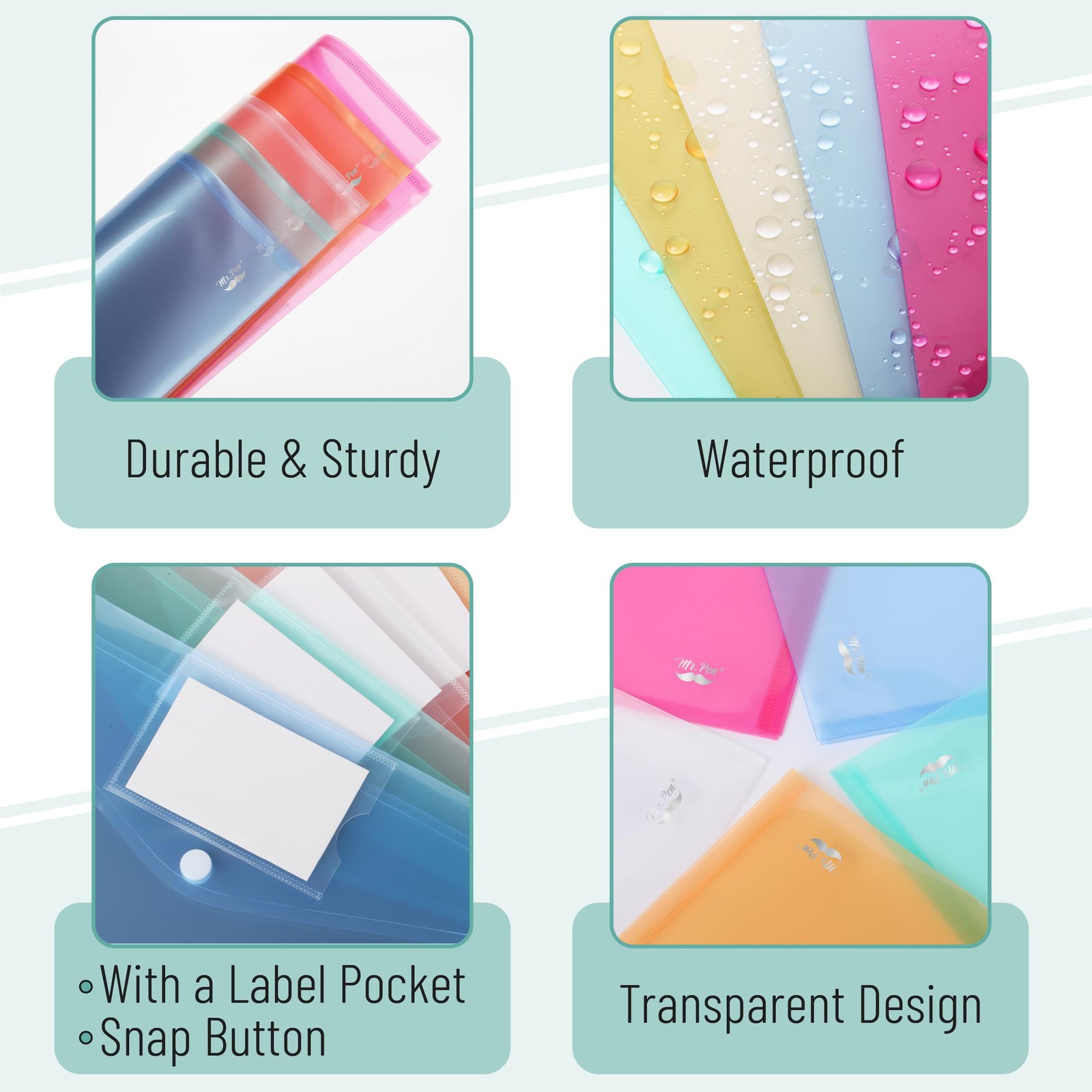 Mr. Pen- Plastic Envelopes, 10 Pack, A4, Letter 10 Assorted Colors