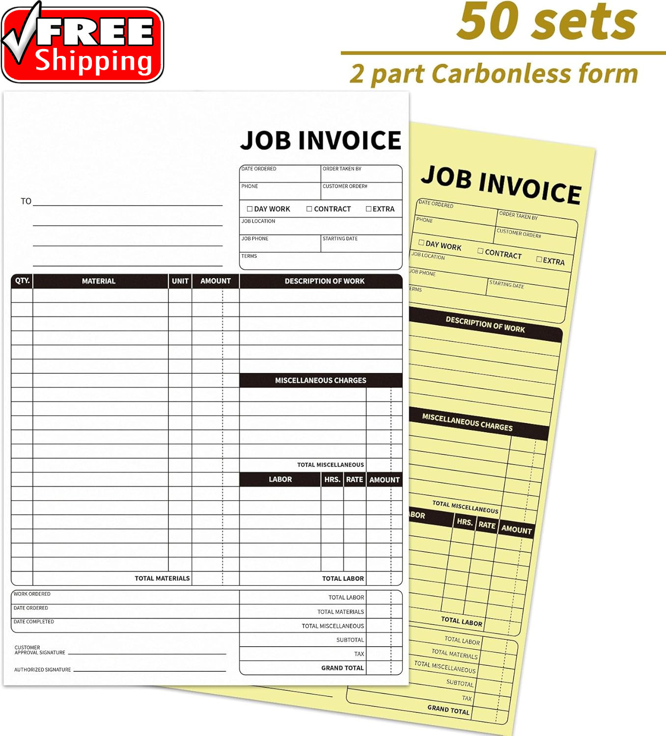 Carbonless Work Order Forms,7.5 X 11 Inches Invoices for Small Business,Sales Or