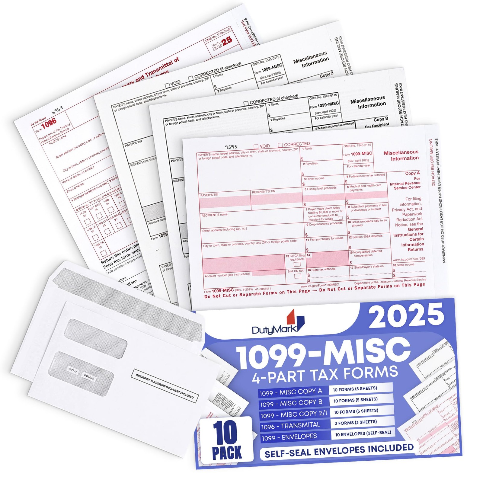 DuryMark 1099 Misc Tax Forms 2025 with Envelopes, 10 Vendor 10 With Envelopes