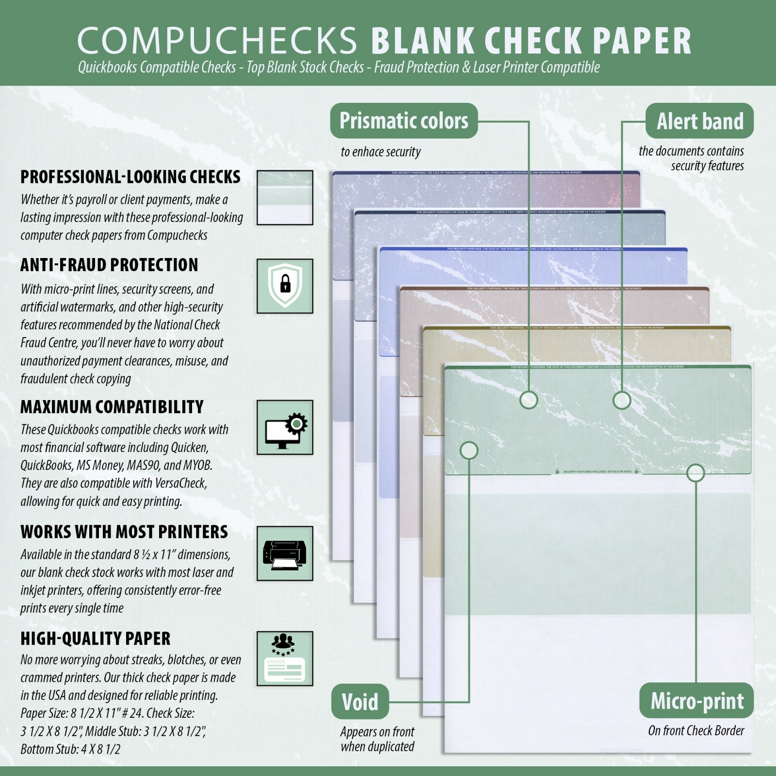 1000 Blank Check Stock – Computer Business Check on Top – Blue/Green Prismatic