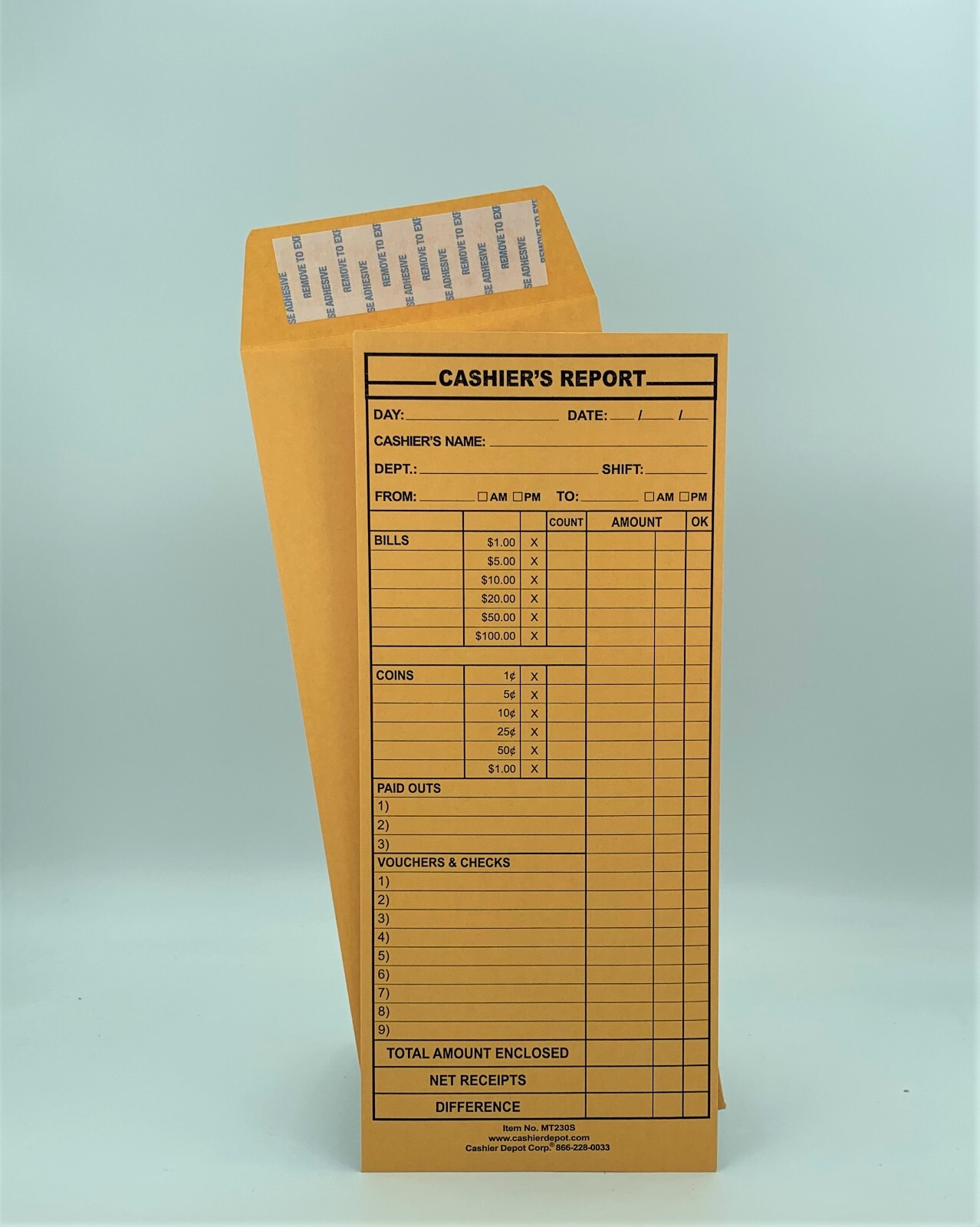 Cashier’s Report Envelope, MT230S, 4 1/2″ x 10 3/8″, Kraft 24lb, P&S 500/Box