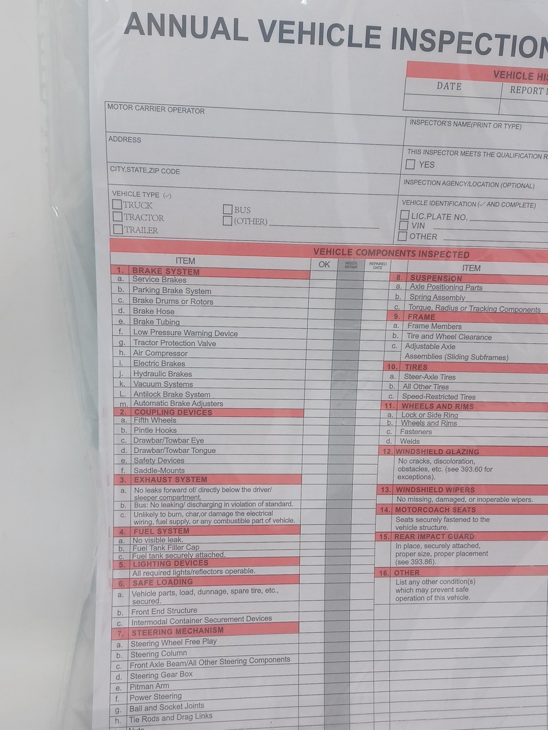 15-PACK. Annual Vehicle Inspection Report Form 3-Ply, Carbonless 49 CFR PART 396