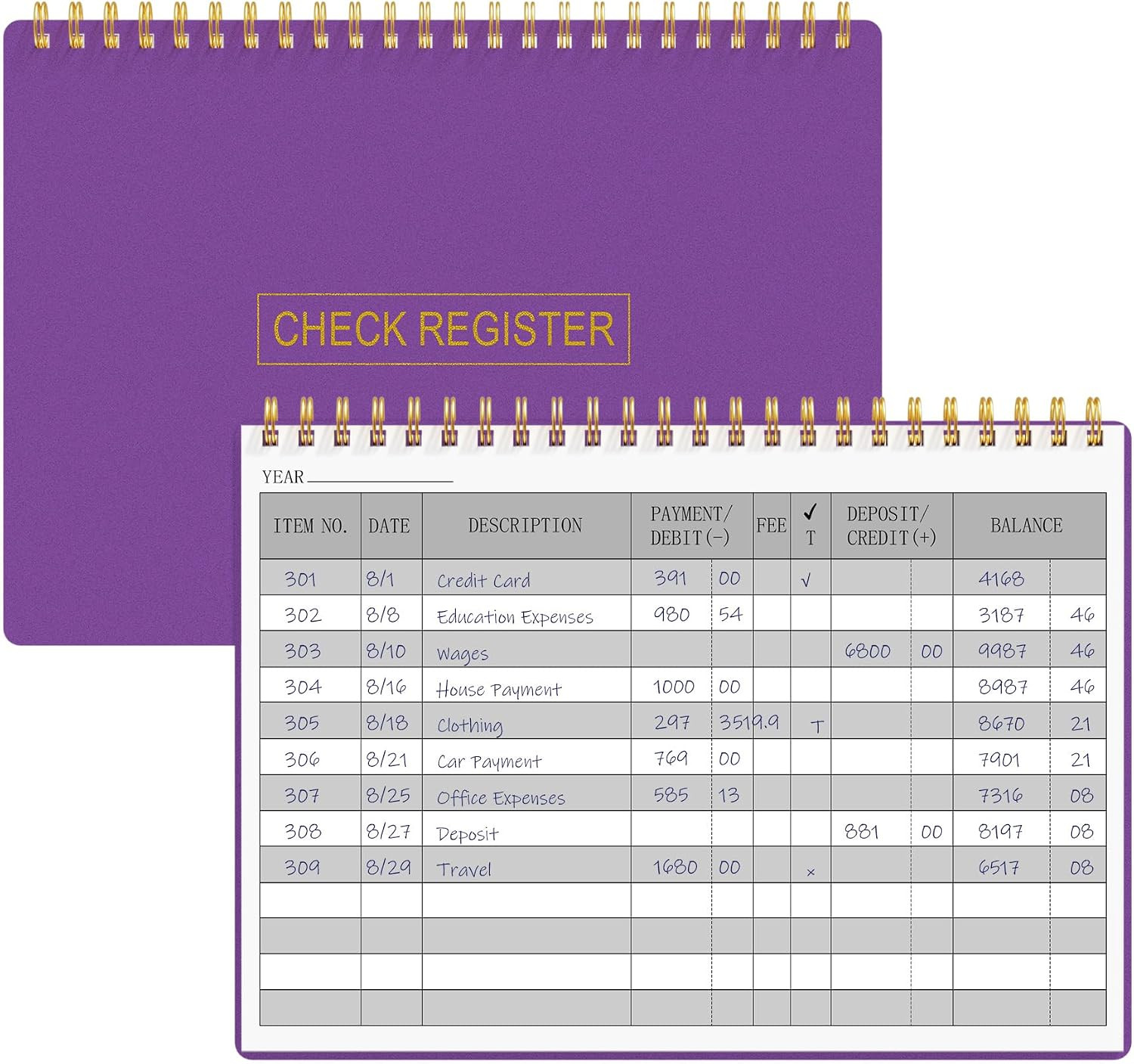 Check Registers for Personal Checkbook, Transaction Expense Ledger Log Book for