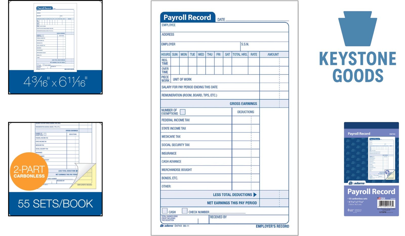 Employee Payroll Record Book, 55 Sets, 2-Part Carbonless, 4.19×7.19 Inches