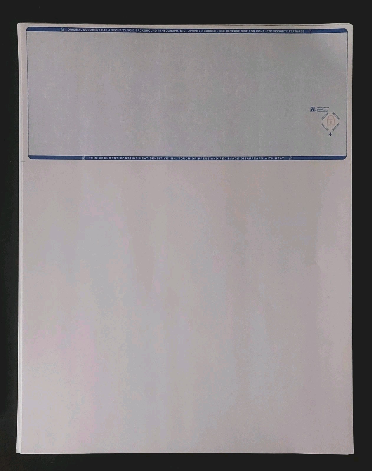 High Security Blank Check Stock Paper (60) Blue Check on Top – 1/3 Perforated
