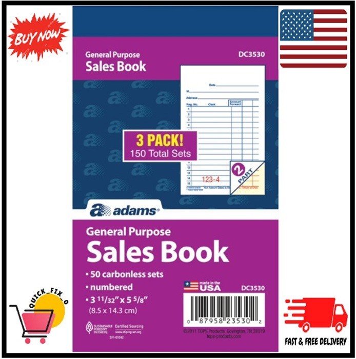 Adams General Purpose Sales Book, 2-Part, Carbonless, White/Canary, 3-11/32″ x