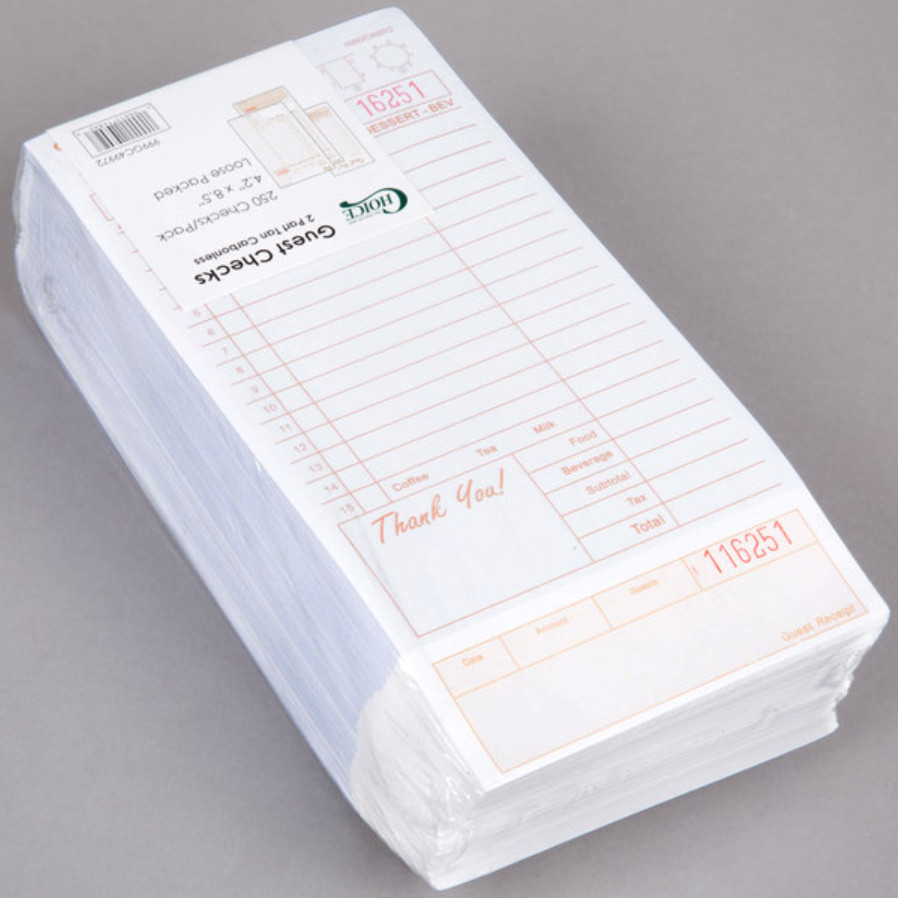 2 Part Tan and White Carbonless Guest Checks w/ Bottom Guest Receipt 2000 Case