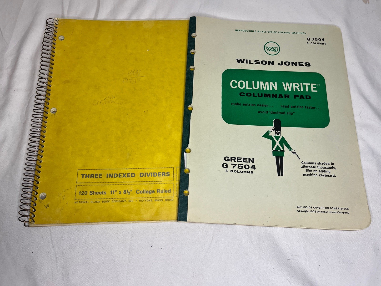 Wilson Jones G7504 Column Write Columnar Pad Green 50 Sheets and Yellow notebook