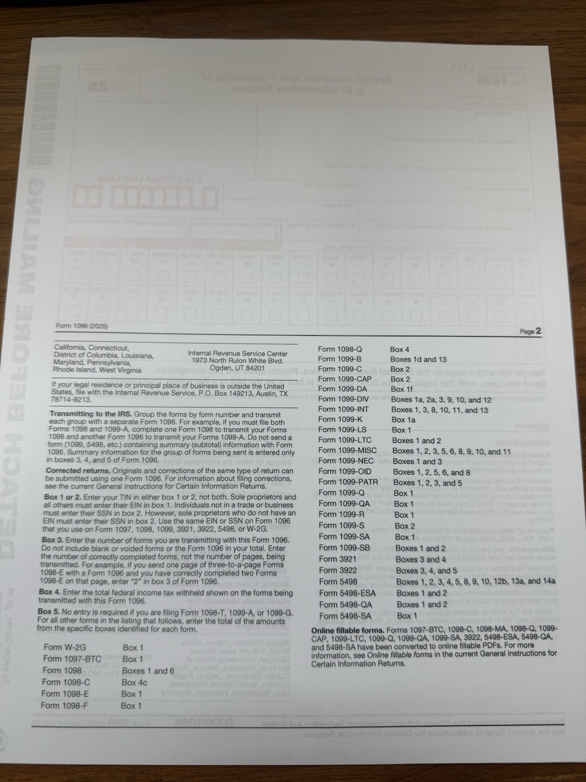 2025 IRS Tax Form 1096 Annual Summary and Transmittal (for 1099’s to IRS)