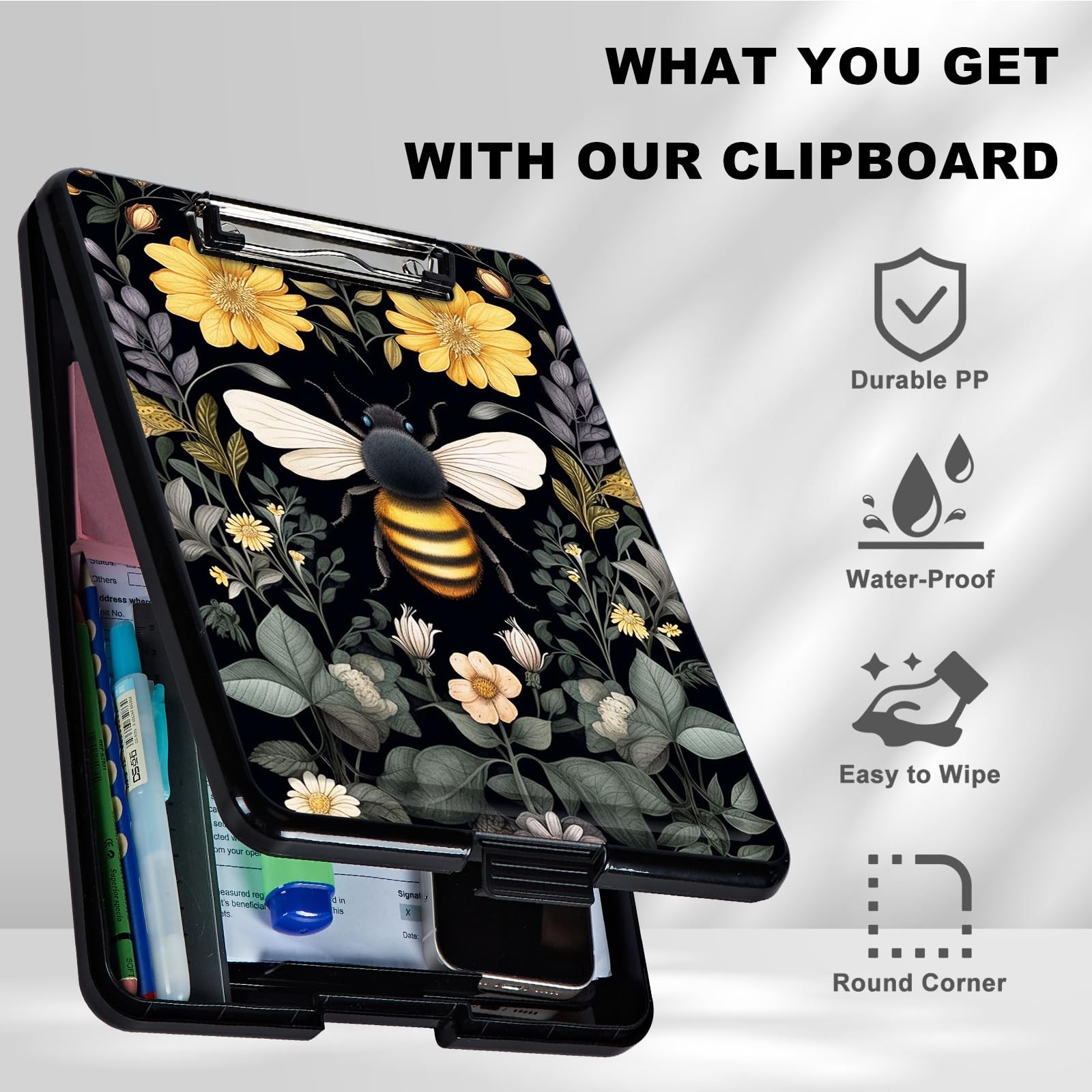 Clipboard with Storage,Plastic Storage A, Bee and Flowers