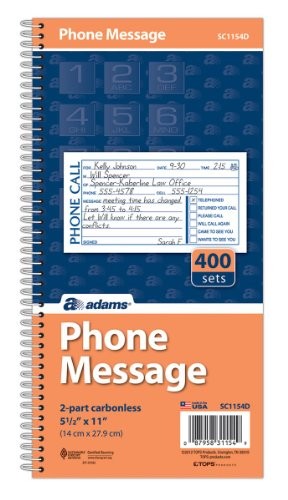 Adams SC1154D Spiral Bound Phone Message Book 400 Sheets 11×5.25
