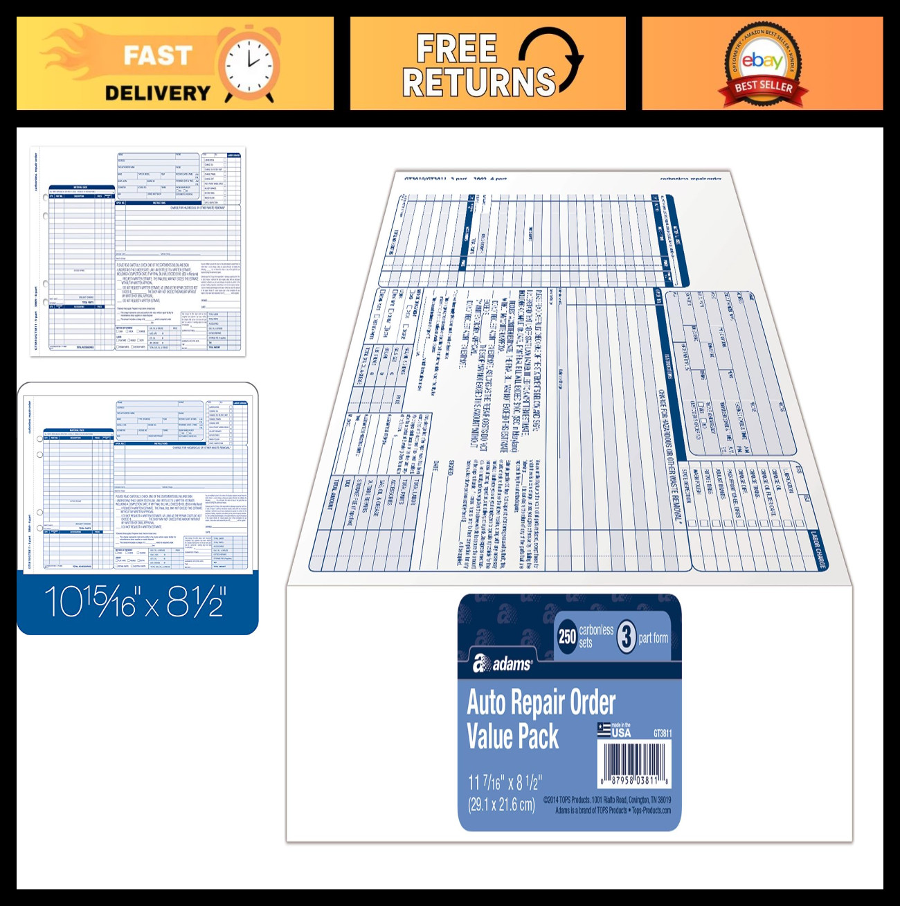 Garage Repair Order Forms – 8.5″x11″, 3-Part, 250 Count, White & Canary Paper