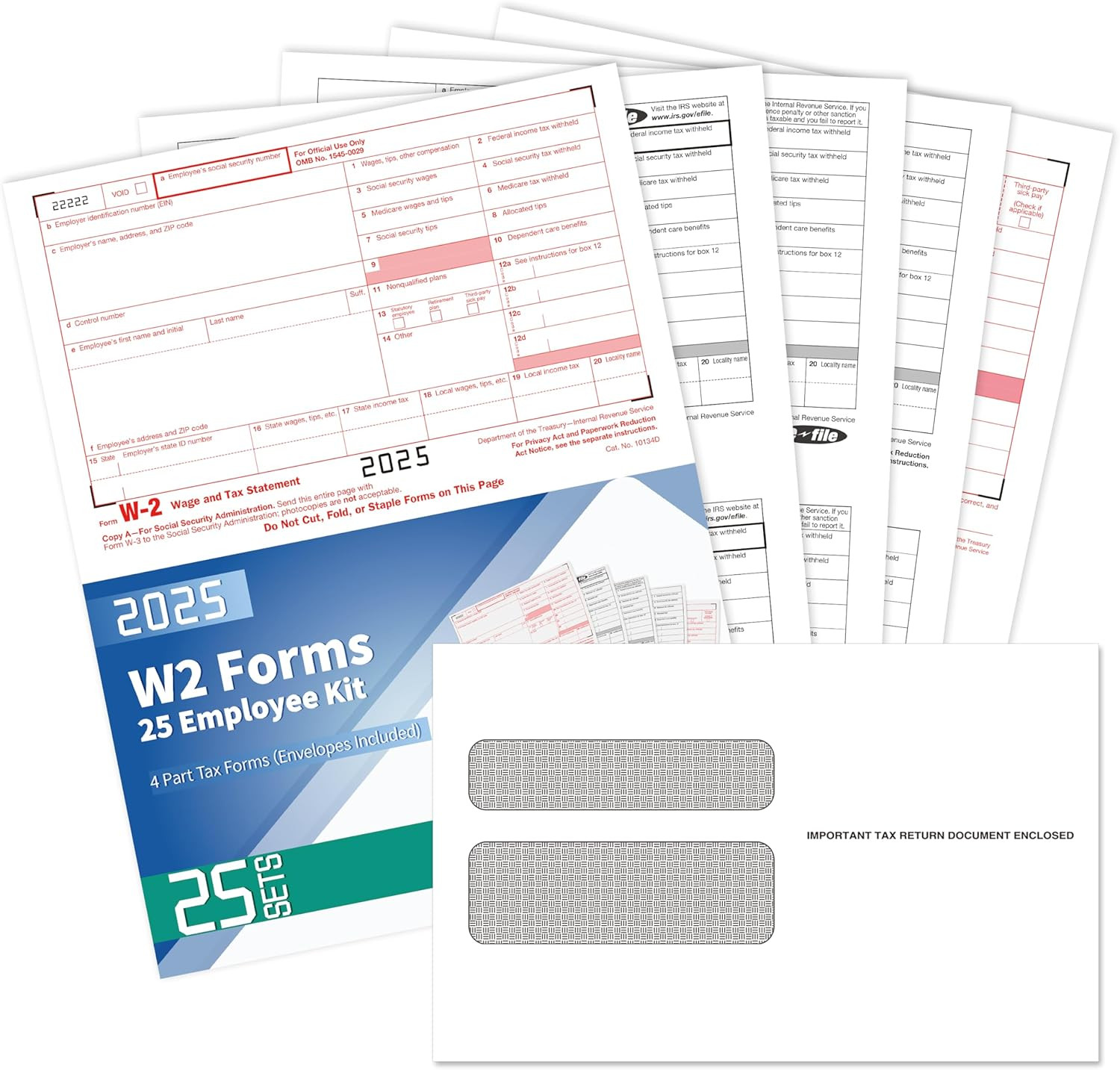 2025 W2 Tax Forms Kit with Envelopes – 25 Employee Set with W3 Forms
