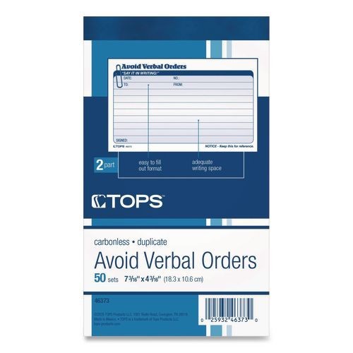 TOPS Avoid Verbal Orders Manifold Book, Two-Part Carbonless, 6.25×4.25, 50 Forms