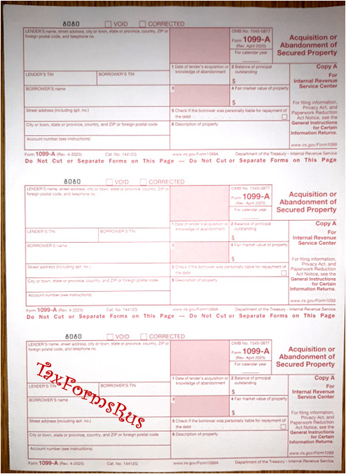 2025 IRS Tax Form 1099-A single sheet set for 3 borrowers NONcarbonless 2-pt 3UP