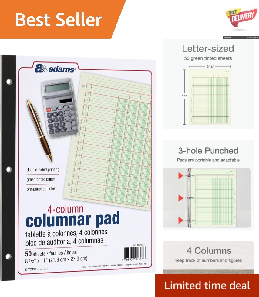 Eco-Friendly 4-Column Ledger – 100 Pages, Acid-Free for Accounting & Bookkeeping