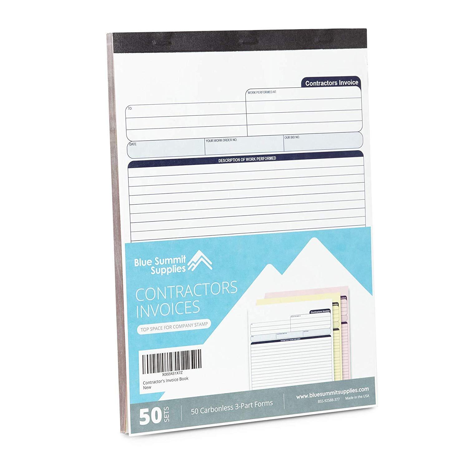 Contractors Invoice Book, 3 Part Carbonless Forms with White, Yellow, and Pin…
