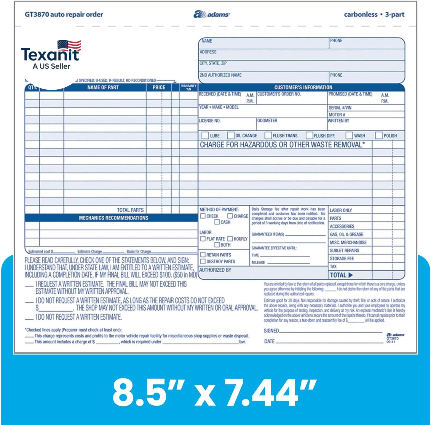 Auto Repair Order Forms, 8.5 X 7.44 Inch, 3-Part, Carbonless, 50-Pack, White and