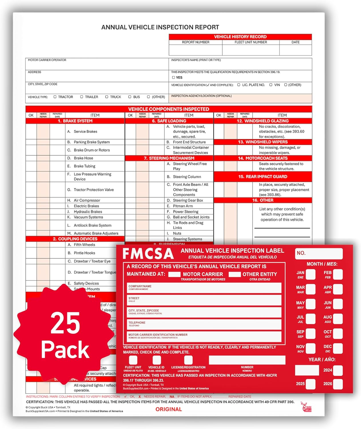 25 Pack Buck -Ply Carbonless Annual Vehicle Inspection Report Forms with Red Alu